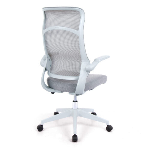 Romsey – High Back Designer Mesh Back Chair with Fabric Seat, White Frame, White Base and Folding Arms
