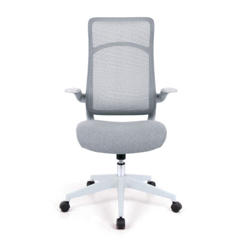 Romsey – High Back Designer Mesh Back Chair with Fabric Seat, White Frame, White Base and Folding Arms