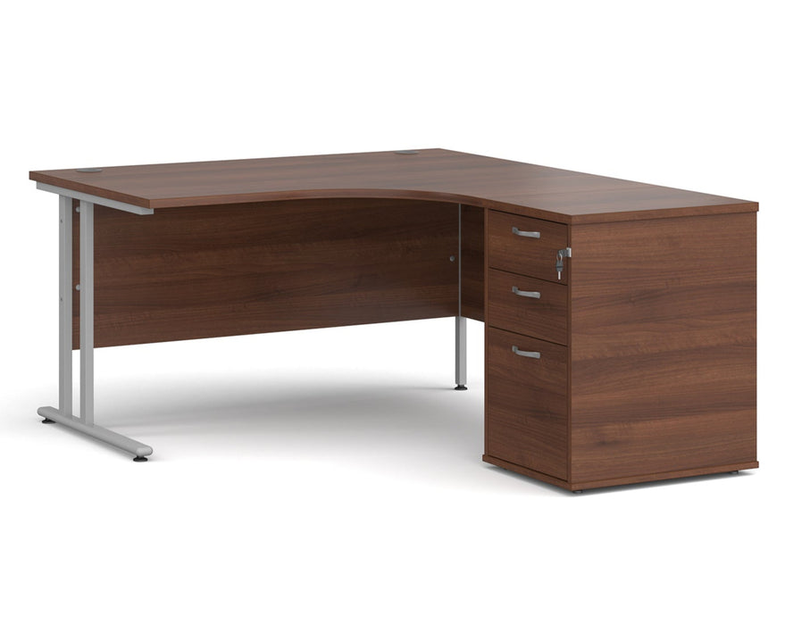 Maestro 25 - Ergonomic Right Hand Desk with Cantilever Frame and Pedestal - Silver Frame.