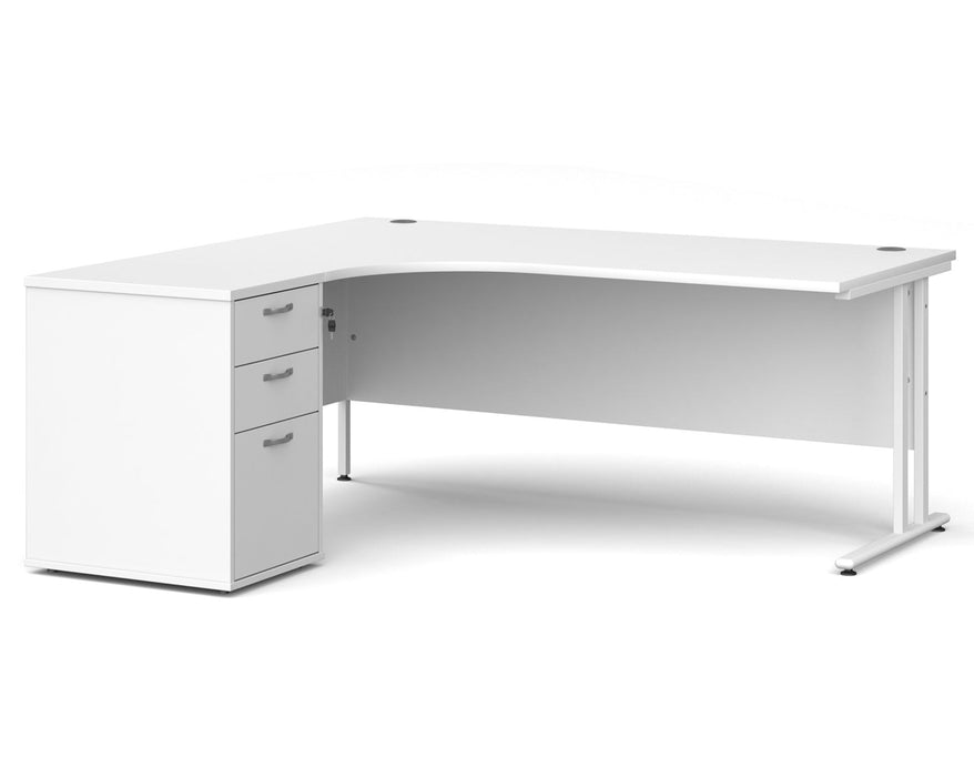 Maestro 25 - Ergonomic Left Hand Desk with Cantilever Frame and Pedestal - White Frame.