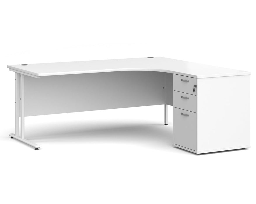 Maestro 25 - Ergonomic Right Hand Desk with Cantilever Frame and Pedestal - White Frame.