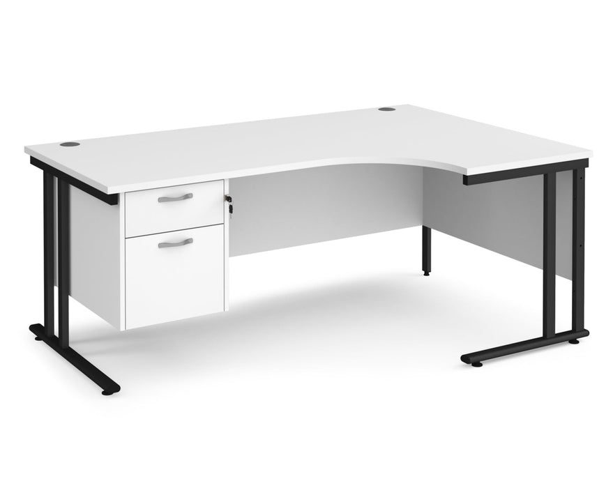 Maestro 25 - Left or Right Hand Ergonomic Desk with 2 Drawer Pedestal - Black Cantilever Leg Frame.