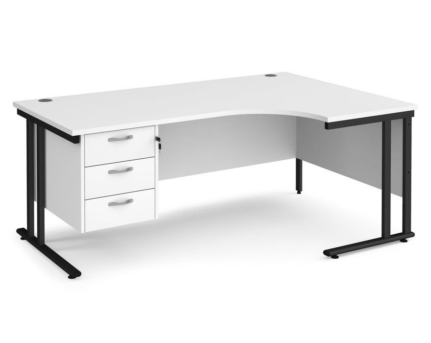 Maestro 25 - Left or Right Hand Ergonomic Desk with 3 Drawer Pedestal - Black Cantilever Leg Frame.