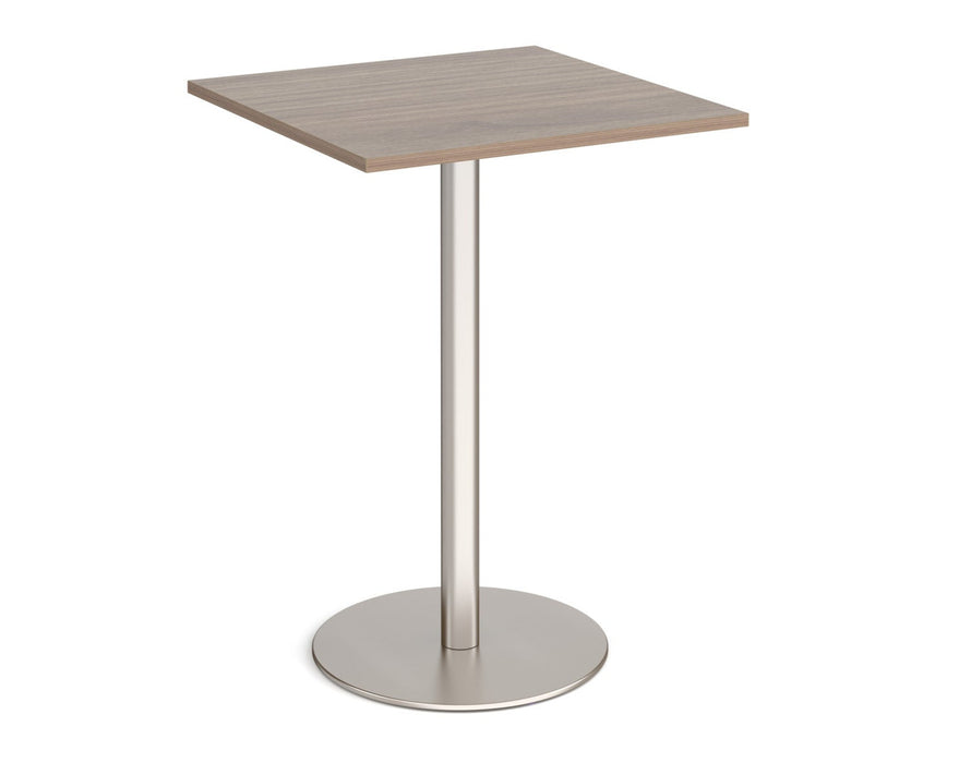 Monza square poseur table with flat round brushed steel base