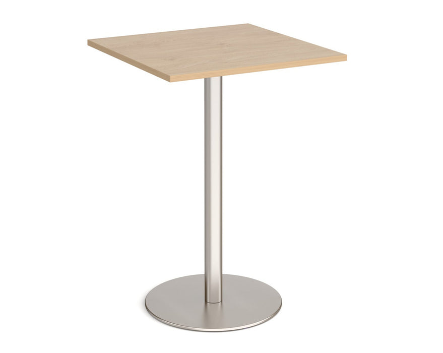Monza square poseur table with flat round brushed steel base